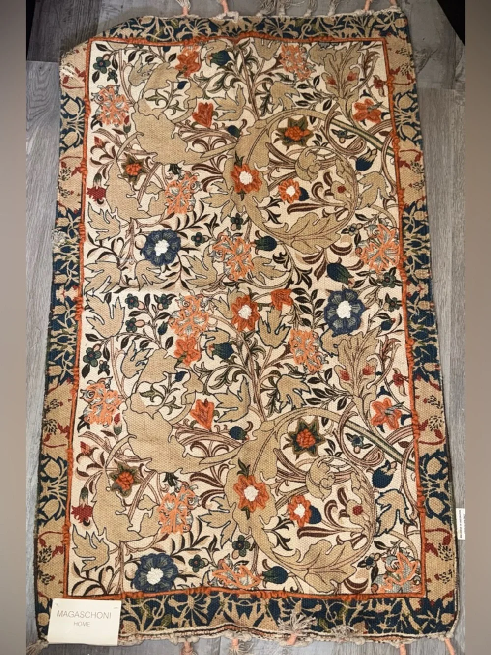 Magaschoni Beige Floral Tapestry Door Mat with Blue and Orange Accents